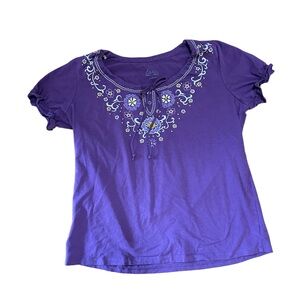 Denim&Co purple embroidered peasant top